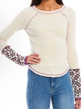 Free People Cream Thermal Long Sleeve with Patterned Cuffs
